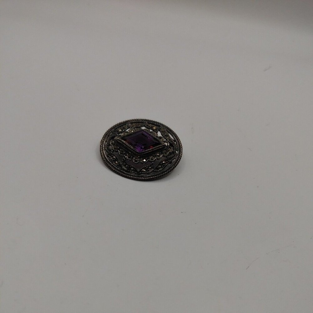 Vintage Pin .925 Sterling purple Crystal Marcasite
